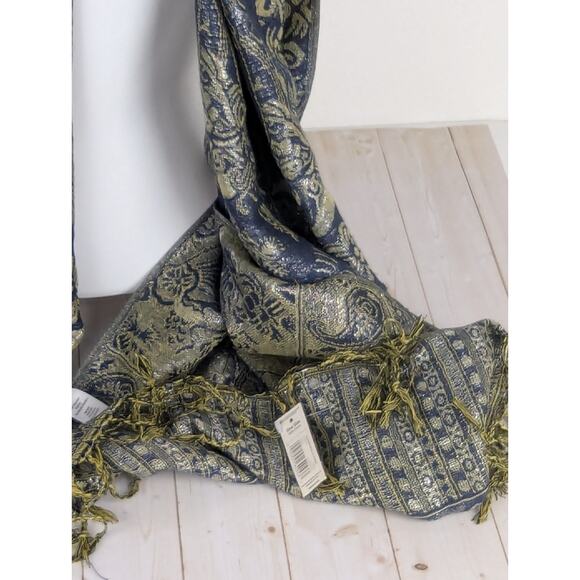 Elegant Navy & Gold Paisley Scarf ~ 72" Long ~ Soft Fringe Wrap Lightweight - Picture 7 of 8